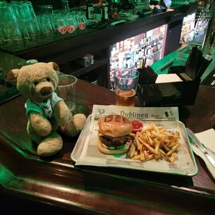 Dubliner burger and Harp.