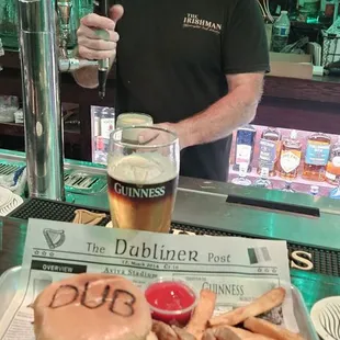 Dubliner Burger &amp; thick, skin on fries; Alan, friendly Bar-t