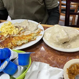 Chicken fried steak with biscuits and gravy