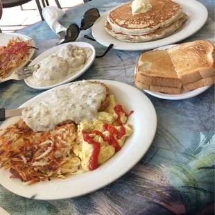 Chicken fried steak. Pancakes. Toast. Biscuits and gravy.
