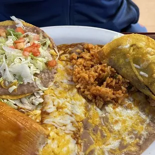 #4 combo beef taco, beef tamale, bean tostada and rice with beans $13.45