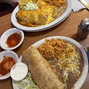 #5 enchilada style ($3.25 extra) and chicken mix chimichanga (front).