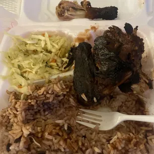 Jerk chicken, rice and peas, cabbage