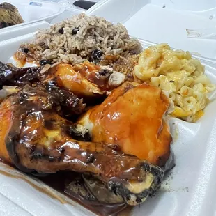 BBQ Jerk Chicken with Macaroni and cheese, rice and beans