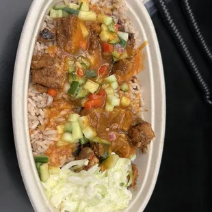 Horrible chicken bowl with 6 little pieces of chicken at Lincoln electric.