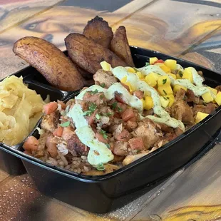 Jerk, chicken, cabbage, and plantains