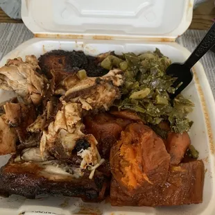 Jerk chicken, candied yams, collard greens