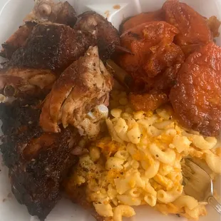 Lg jerk chicken, mac &amp; cheese, candied yams