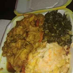 Chicken curry with greens and mac and cheese