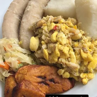 Ackee and saltfish, banana, yam, cabbage, plantain