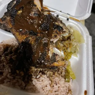 Jerk chicken, rice and peas and cabbage meal