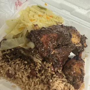 Jerk Chicken Rice and Peas Steamed Cabbage