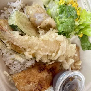 07.13.22 bento w/ an assortment of tempura, fish, and salad