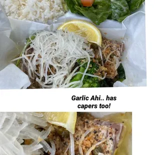 Very flavorful Garlic ahi w/capers! Nicely seared although I like mines a little more cooked.lol. Very good though!