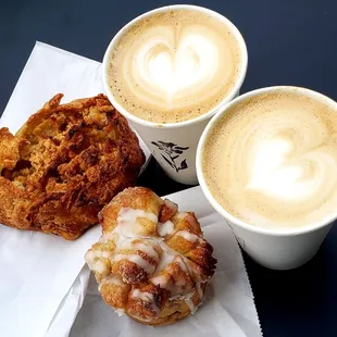 Cinnamon pull apart, rosemary apple crostada with oak crumble, and 2 butter caramel lattes