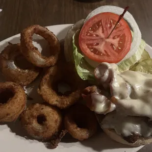 Open-face excellent cheeseburger with very good onion rings