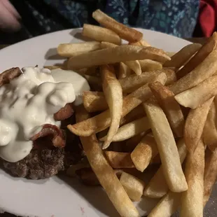 Excellent burger (in this case, without bun) with Swiss cheese and fries