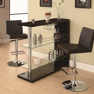 Black lacquer and glass bar with wine glass holders and adjustable swivel stools.
