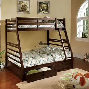 Solid wood Twin / Full Bunk bed with mattresses and storage drawers in rich dark espresso finish.