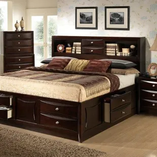 Large double drawer storage bed with bookcase headboard available in queen or king size.