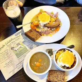 Top: Dublin Coddle. Bottom: Shepherd&apos;s Pie &amp; Beef Barley Soup