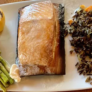 MAPLE GLAZED CEDAR PLANK SALMON maple butter glaze | wild rice| seasonal vegetables 26