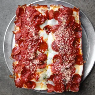 Iron Born Pizza Detroit style Red Top Pie. There's nothing else like it!