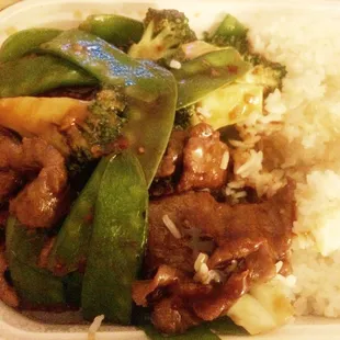 Beef &amp; broccoli w/ snow peas. A pretty generous portion!