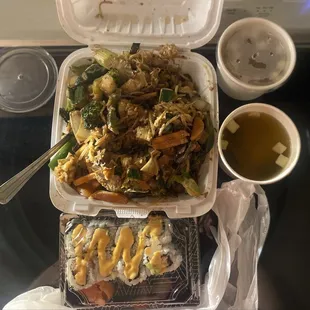 2 cups of Miso soup, hibachi veggies w/ extra veggies on fried rice, also 1 California roll with spicy mayo... all 5 STAR!!