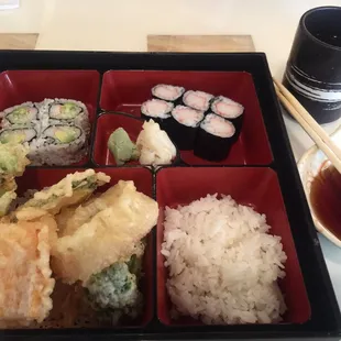 lunch bento box with vegetable tempura and crab roll. great value for $9
