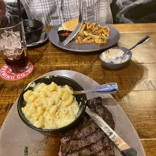Ribeye, mac n cheese, iron dip