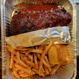 Whole Rack of Ribs with Fries and Corn Bread