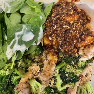 Spicy Garlic Shrimp; Salt, Pepper; &amp; Garlic Chicken on a bed of white rice with salad and broccoli!