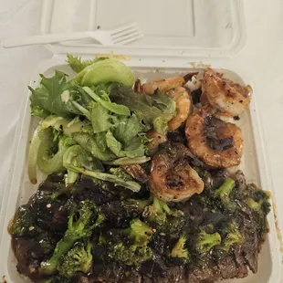 Steak, shrimp broccoli with teriyaki sauce  I couldn't put it down.