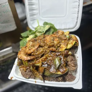 Ribeye steak and garlic Shrimp plate