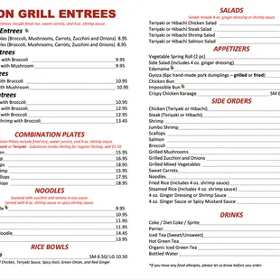 sushi and sashimi, menu