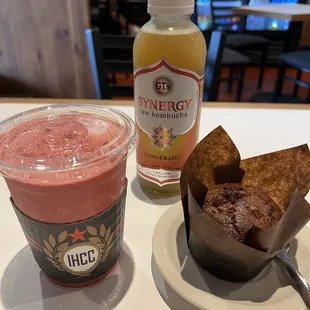 Frozen Red Velvet, Morning Glory muffin and Kombucha.