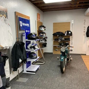 Shark helmets and merch area