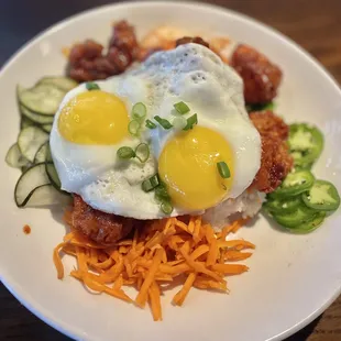 Korean Fried Chicken~Absolutely delicious, amazing spicy pickled veg, kimchi, nice sunny side up eggs, spicy jalapeños &amp; fluffy white rice!