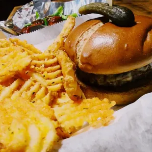 a hamburger and french fries