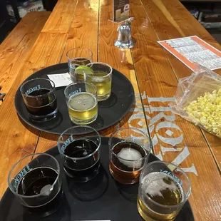 Table of flights and popcorn! Yum!!!