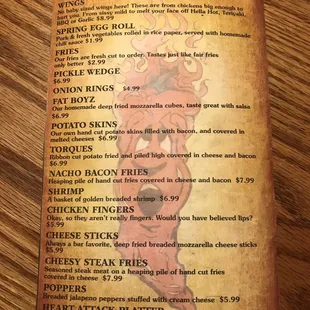 the menu for the menu
