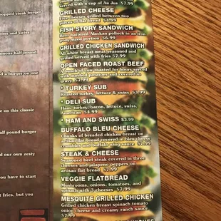 a menu for a sandwich