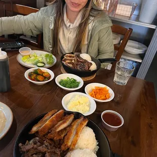 2 meat grilled plates (Bulgogi/Katsu &amp; Grilled Chicken/Kalbi) and Korean side dishes.