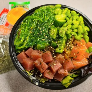 Poke: 2 scoops of tuna &amp; salmon. 3 choices of toppings: edamame, cukes &amp; seaweed salad