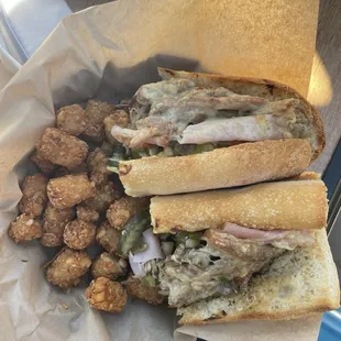 Porketta Cubano Sandwich with tater tots