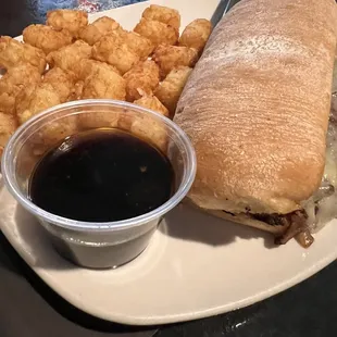 Philly cheesesteak and tater tots