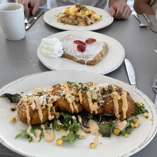 Angry Pig Omelet, strawberry cheesecake roostart, Fried Green Caprese