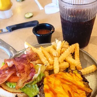 Skillet bacon cheeseburger. American cheese bacon lettuce tomato add a little mustard and Heinz 57 sauce. 57 for the fries too. Diet Pepsi
