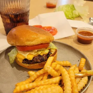 03-26-22 Skillet cheeseburger lettuce tomato American cheese Heinz 57 sauce. Extra 57 sauce for the fries yum! Diet Pepsi